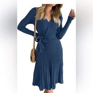 ZESICA Women's Long Sleeve Wrap V Neck Ribbed Knit Pleated Sweater Dress
